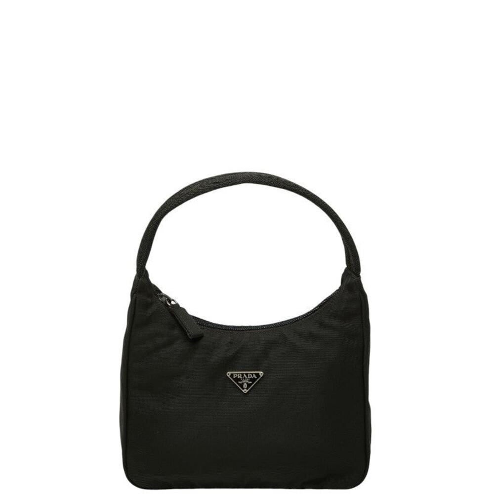 Prada Triangle Logo Plate Nylon Handbag Black